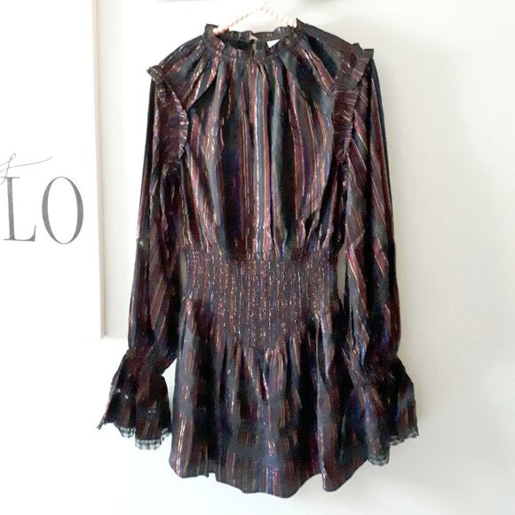 NWT Rococo Sand black & metallic fibre ruffle & lace accent mini dress, S - Picture 7 of 7